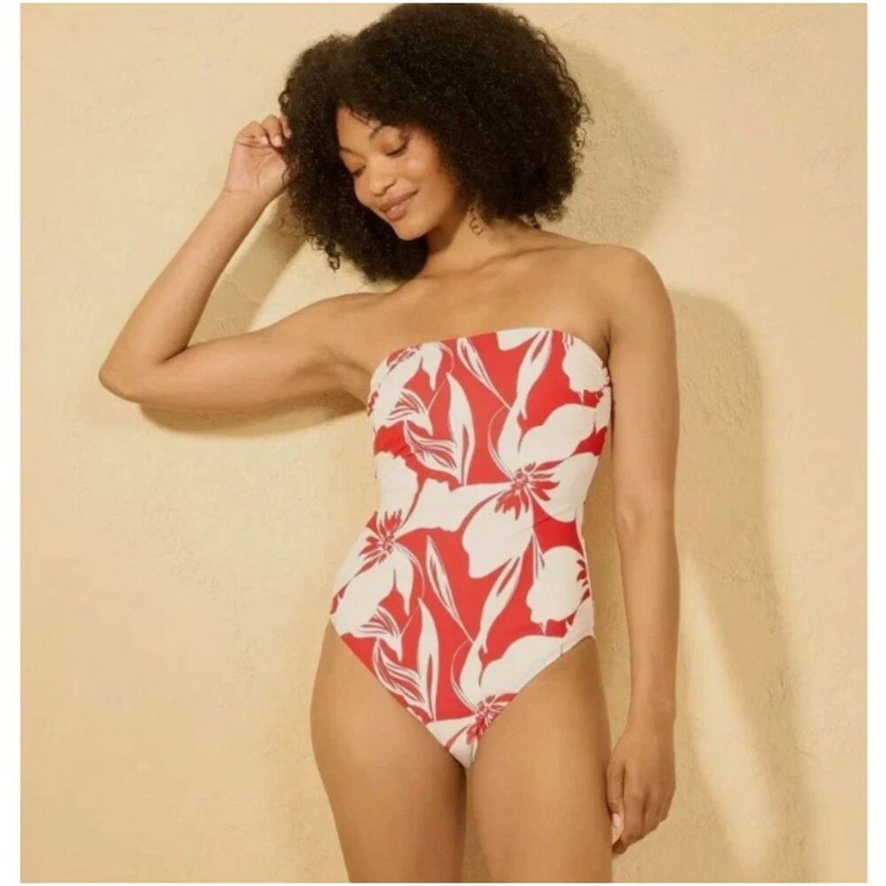 Shade & Shore Red Floral Bandeau High Leg Swimsuit w strap - Size XL 16 New